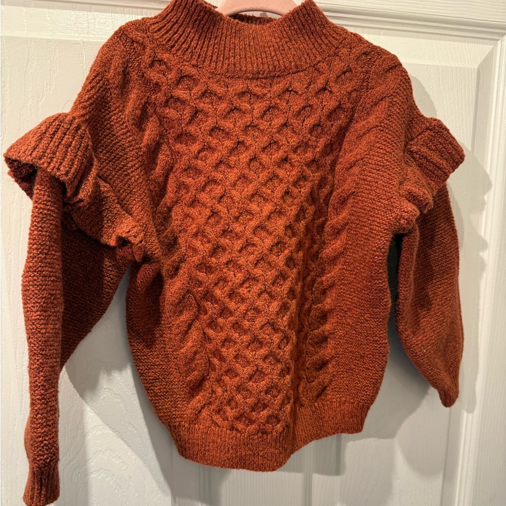 Rust Cable Knit Sweater with Ruffle Sleeve